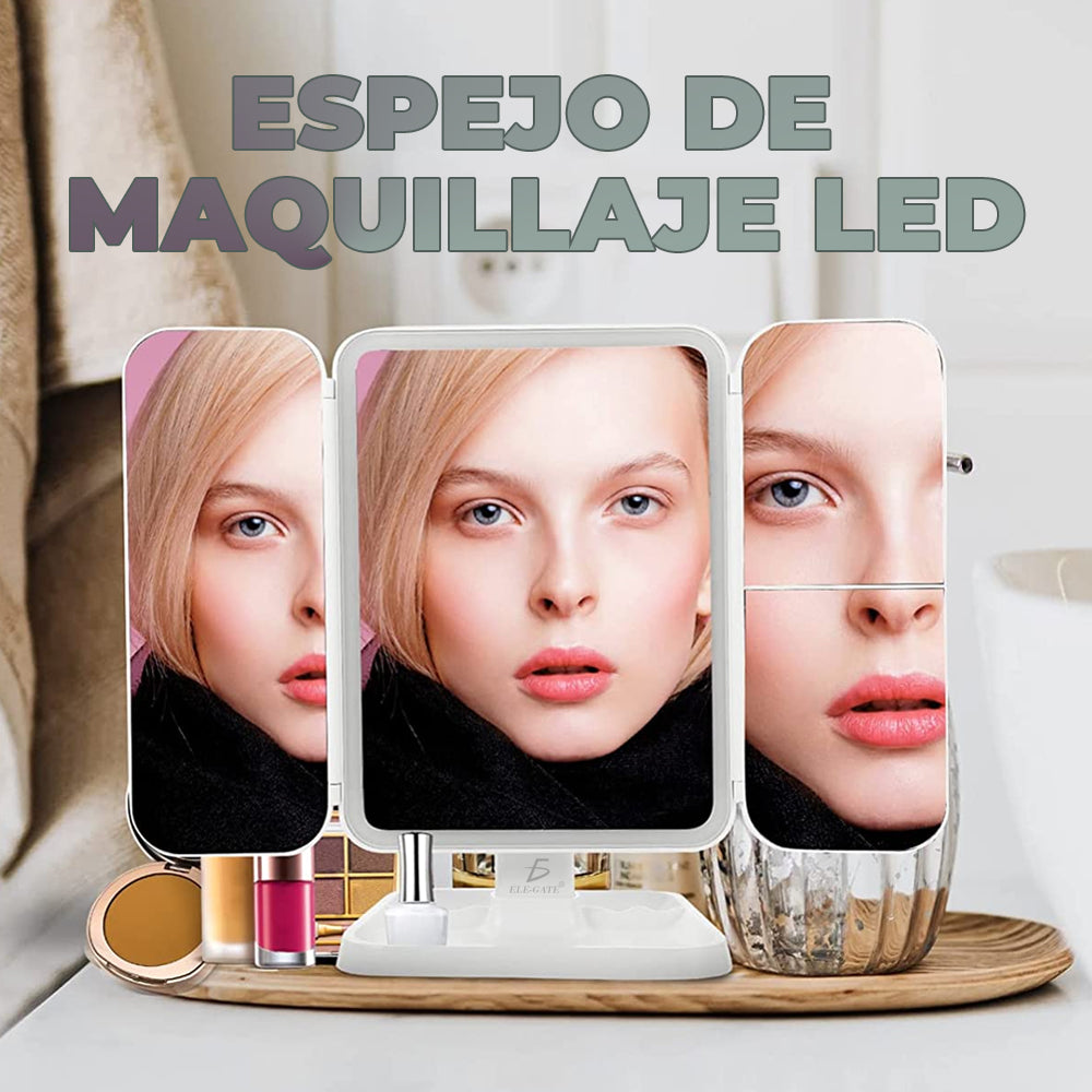 Espejo de maquillaje de tres pliegues con luz LED