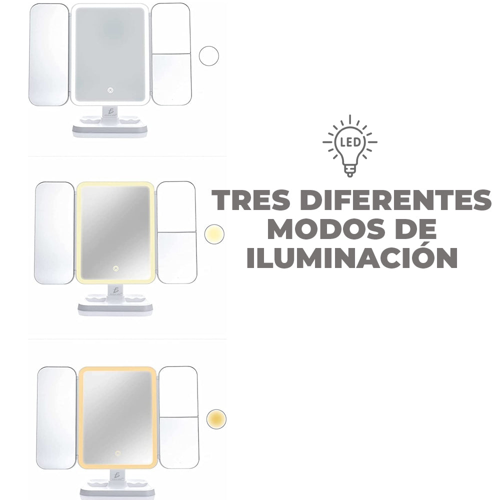 Espejo de maquillaje de tres pliegues con luz LED