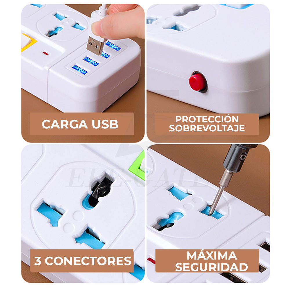 Regleta de escritorio con 3 tomas y puertos USB