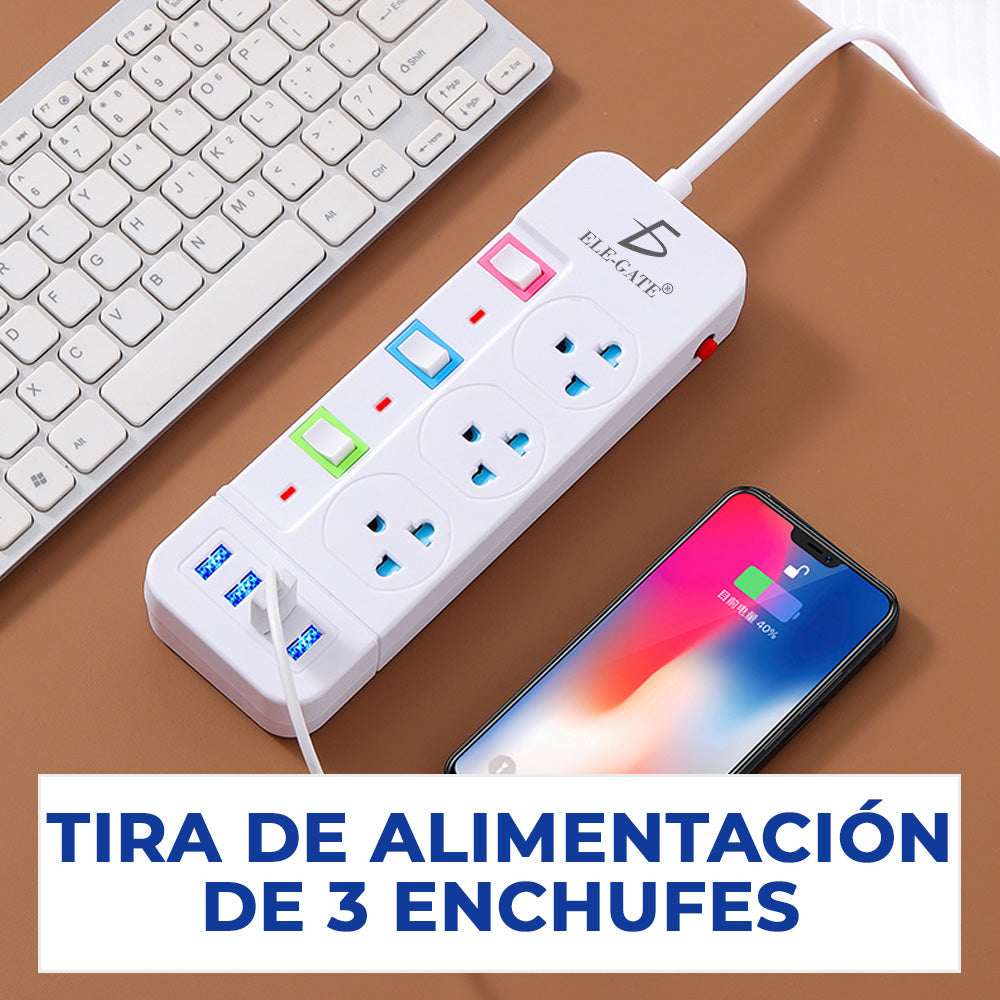 Regleta de escritorio con 3 tomas y puertos USB