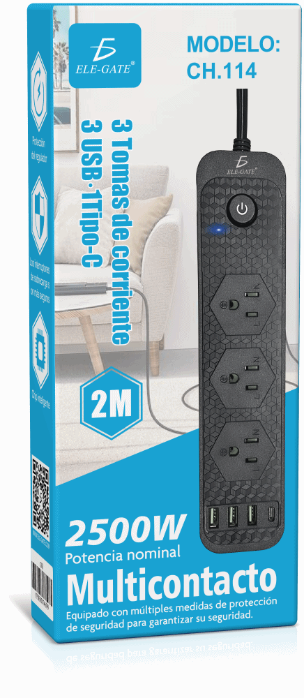 Multicontacto con clavijas, puertos USB y USB-C