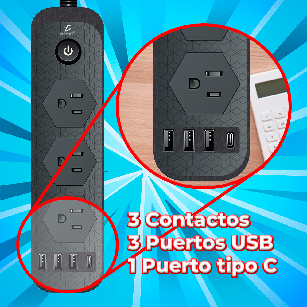 Multicontacto con 3 clavijas, 3 USB y 1 USB-C