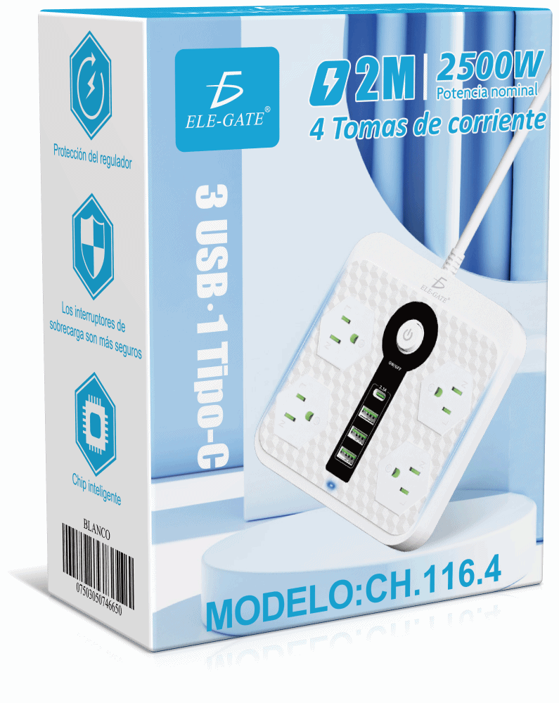 Multicontacto con clavijas universales y puertos USB y USB-C