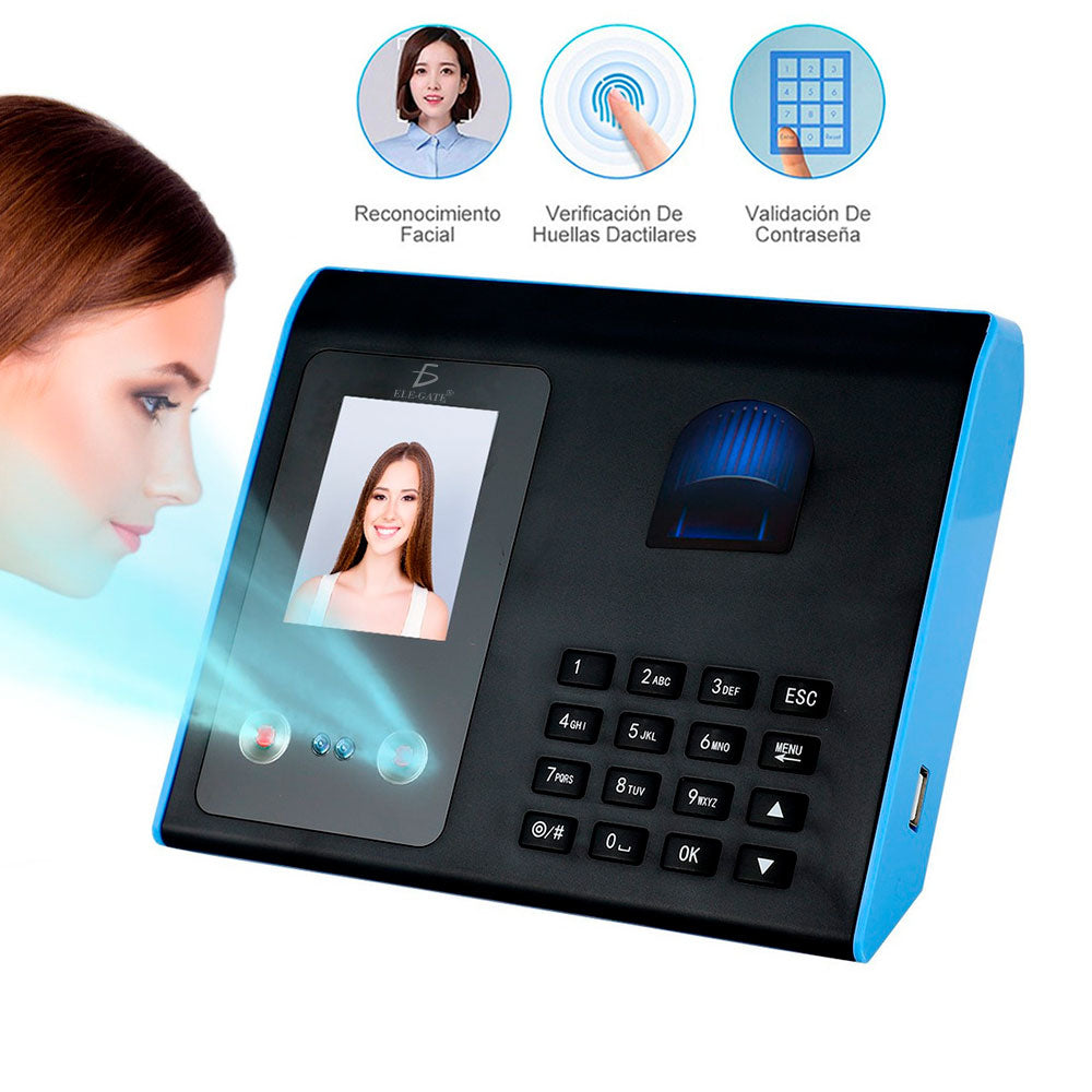 Reloj checador con lector de huellas y cámara frontal