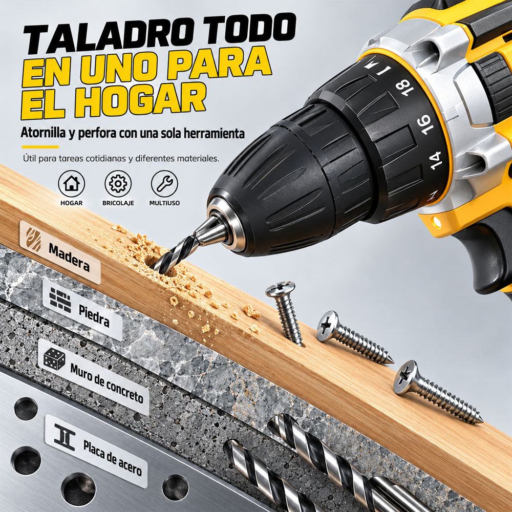 Taladro atornillador inalámbrico amarillo y negro