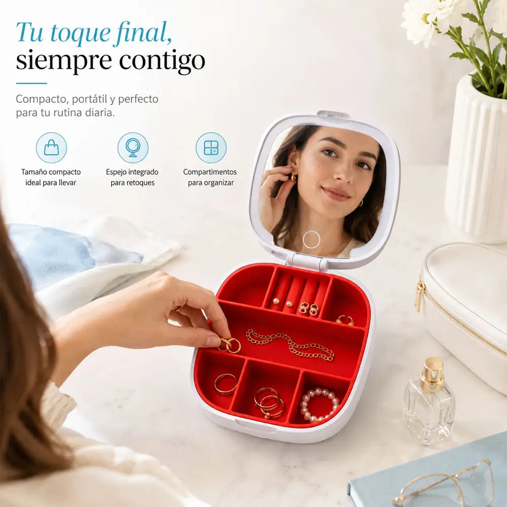 Organizador de joyas con espejo LED en uso