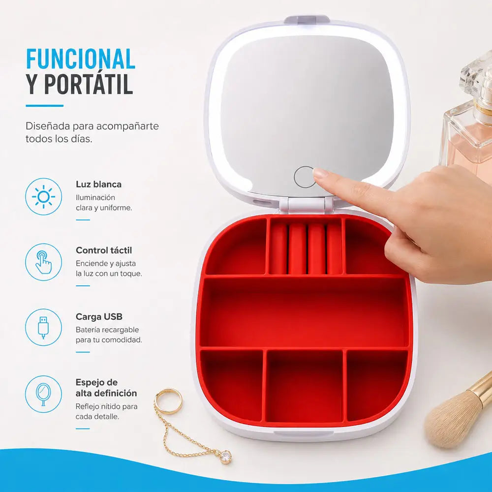 Organizador de joyas con espejo LED y carga USB