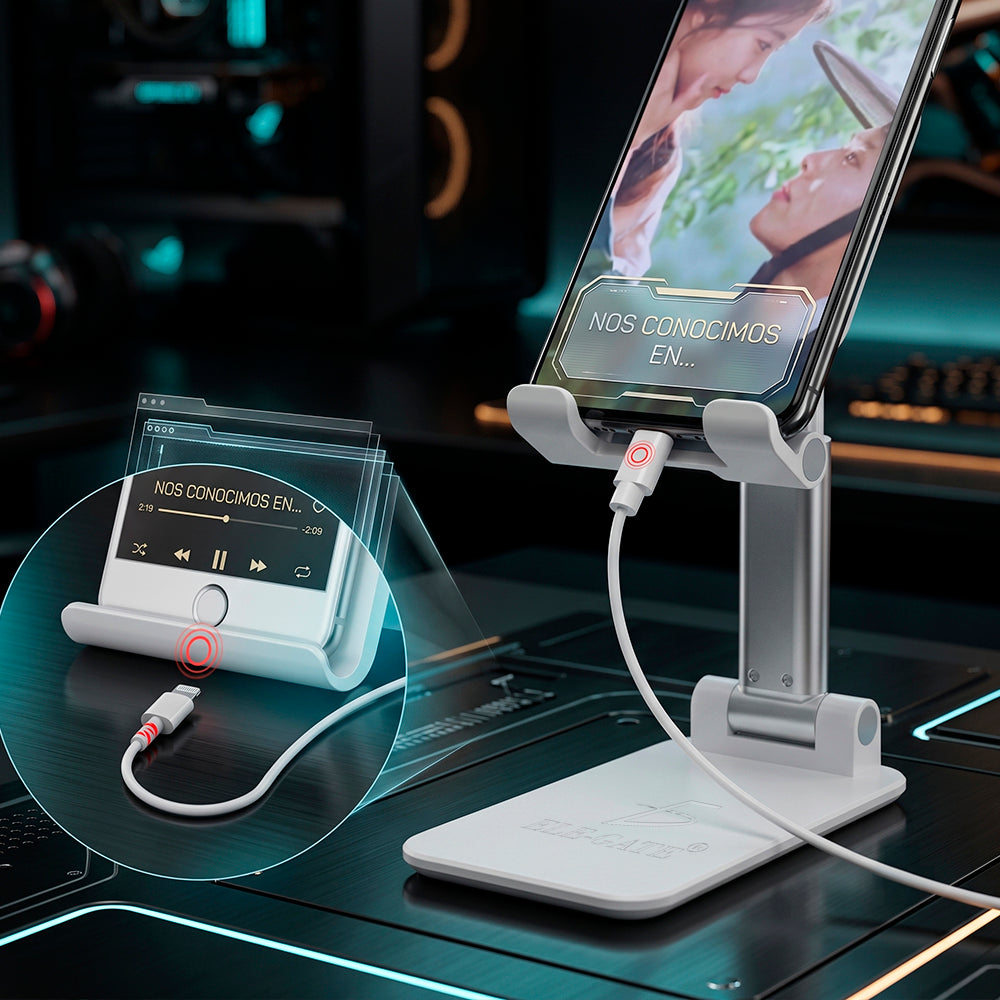 Soporte plegable para celular sobre un escritorio