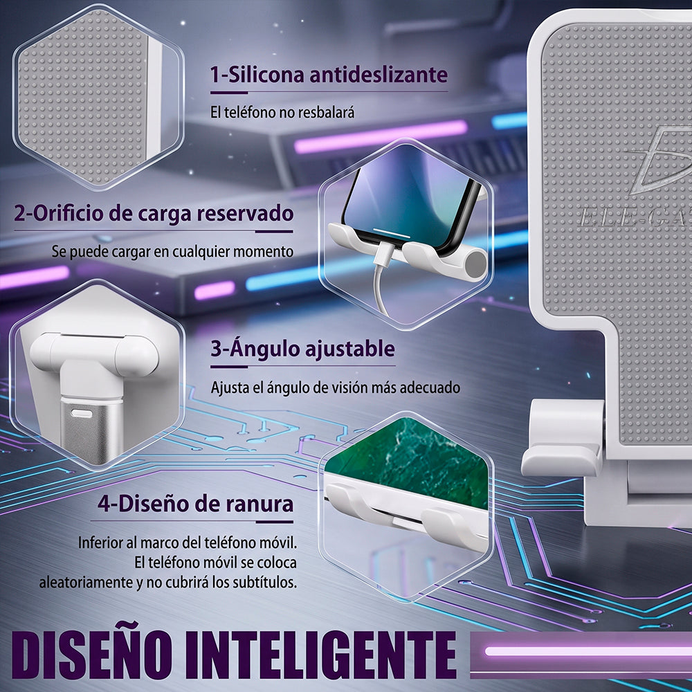 Soporte plegable para celular sobre un escritorio