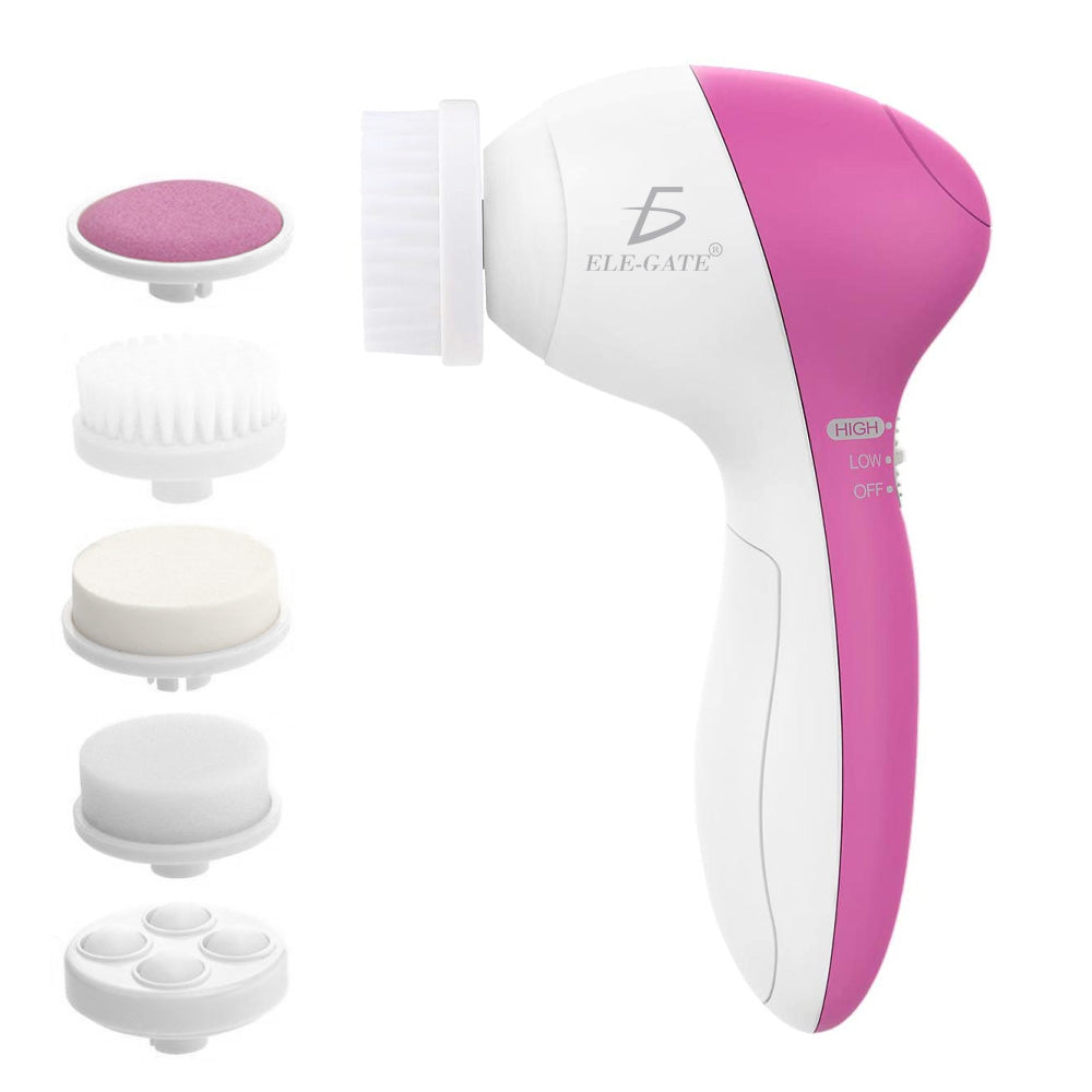 Limpiador facial eléctrico blanco y rosa con cinco cabezales