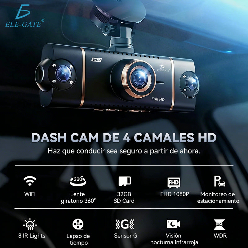 Cámara de tablero de 4 canales para auto con WiFi y GPS