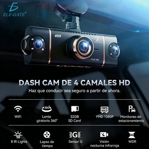 Cámara de tablero de 4 canales para auto con WiFi y GPS