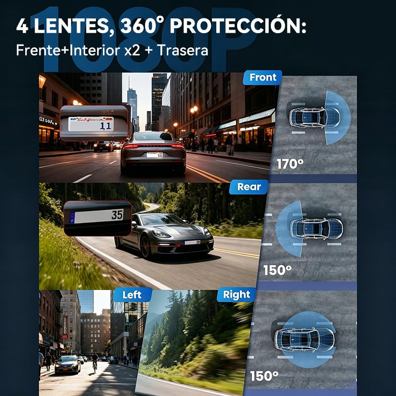 Cámara de tablero de 4 canales para auto con WiFi y GPS