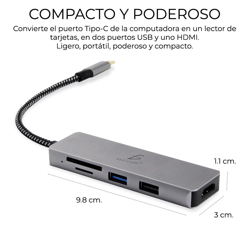 Hub USB-C con HDMI, USB, SD y microSD · medidas