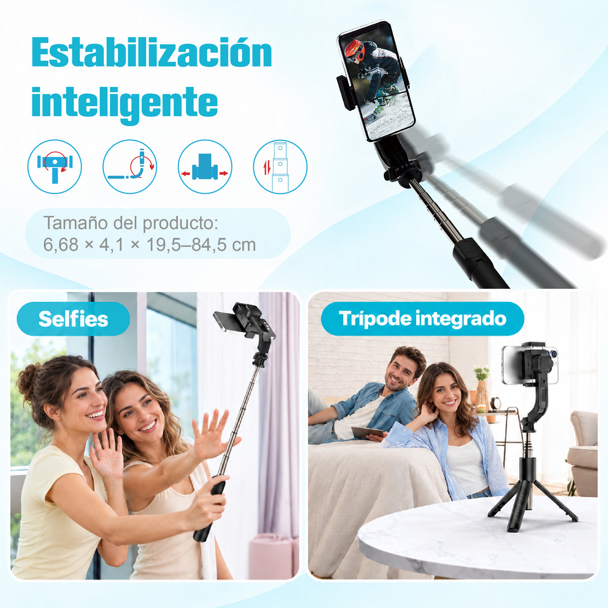 Selfie stick con tripié y control remoto Bluetooth