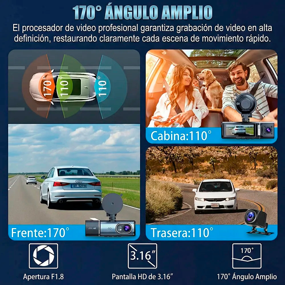 Cámara para Auto 4K de 3 Canales con GPS y WiFi 5GHz