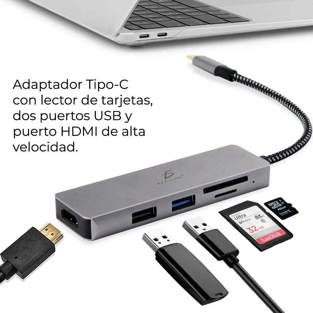Hub USB-C con HDMI, USB, SD y microSD