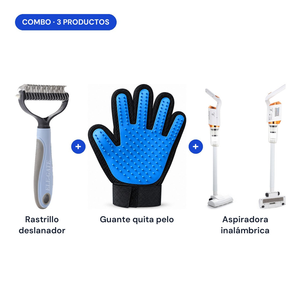 Combo: rastrillo deslanador + guante quita pelo + aspiradora inalámbrica
