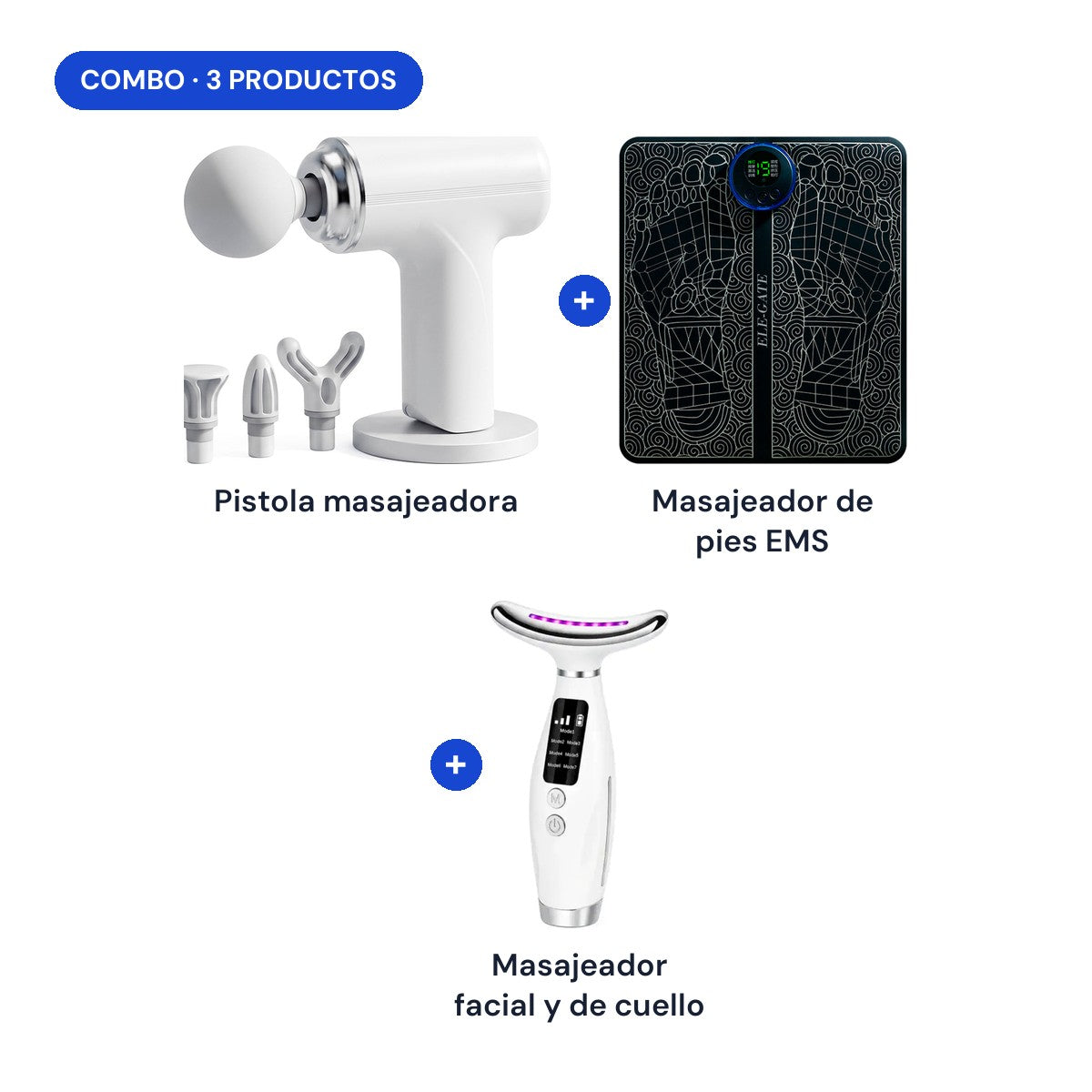 Combo: pistola masajeadora + masajeador de pies EMS + masajeador facial y de cuello