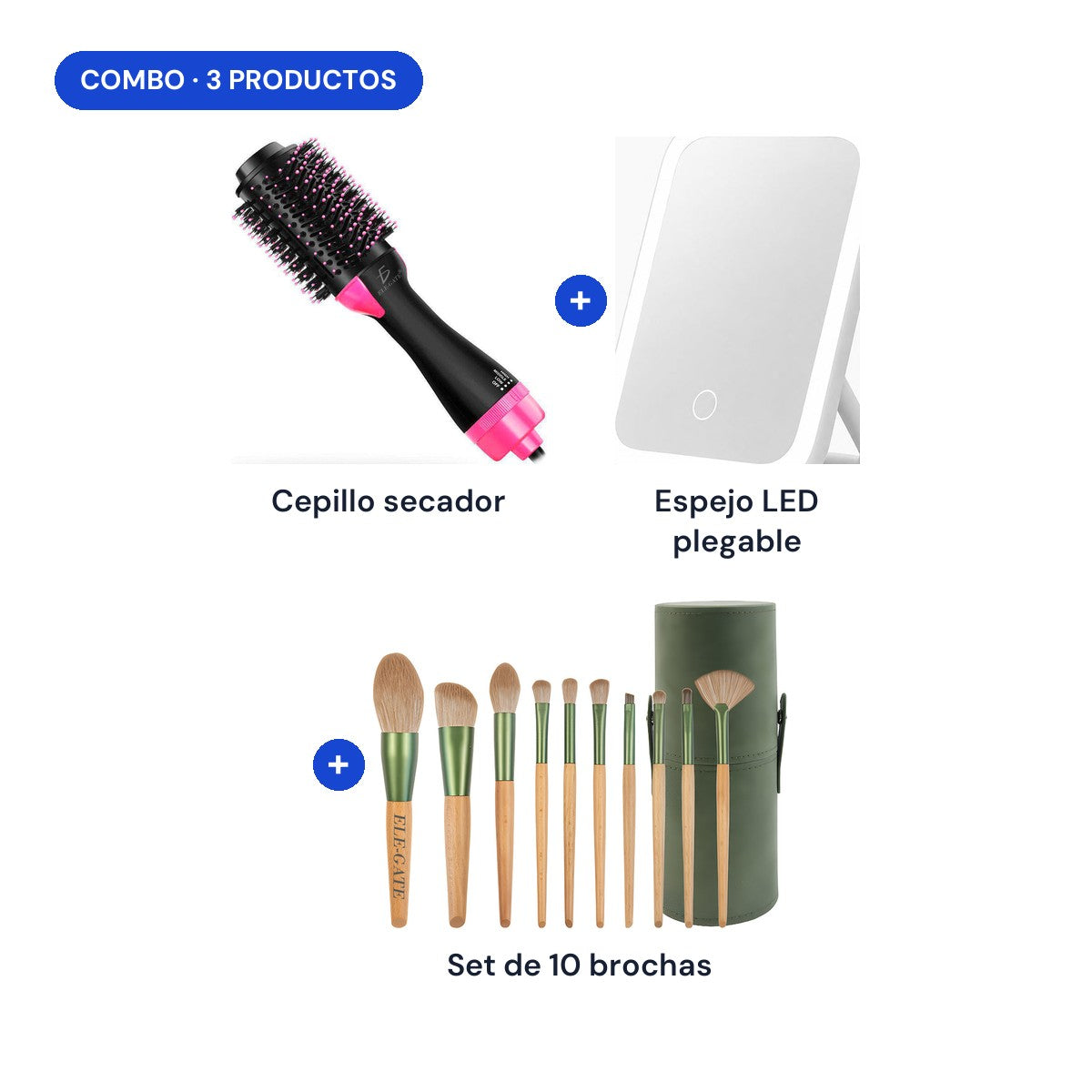 Combo: cepillo secador + espejo LED plegable + set de 10 brochas