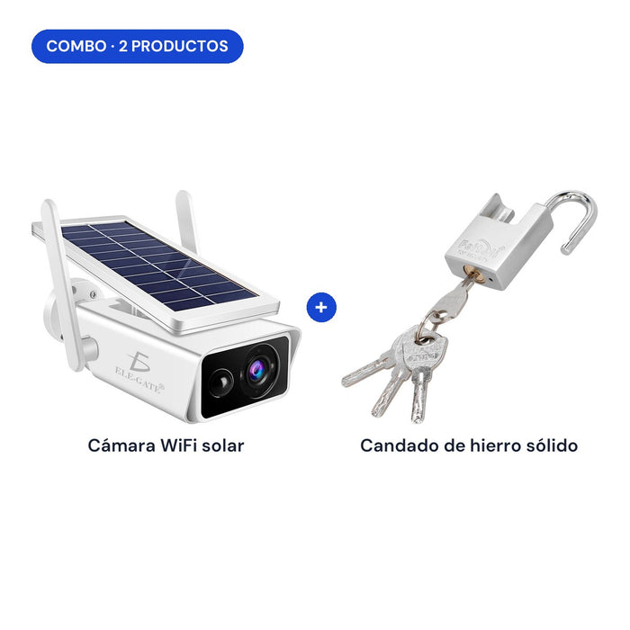 Combo casa sola en vacaciones: cámara WiFi solar + candado de hierro sólido