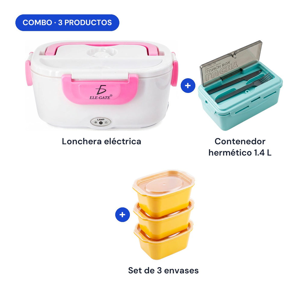 Combo: lonchera eléctrica + contenedor hermético 1.4 L + set de 3 envases