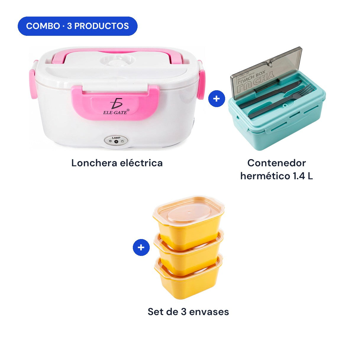 Combo: lonchera eléctrica + contenedor hermético 1.4 L + set de 3 envases