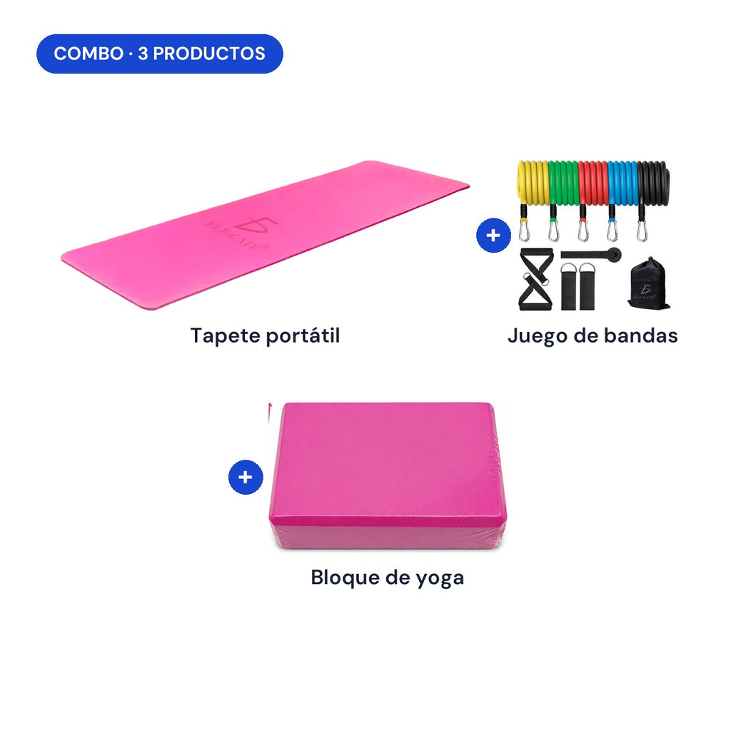 Combo: tapete portátil + juego de bandas + bloque de yoga