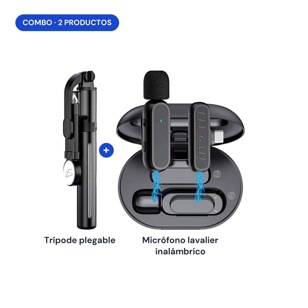 Combo: trípode plegable + micrófono lavalier inalámbrico
