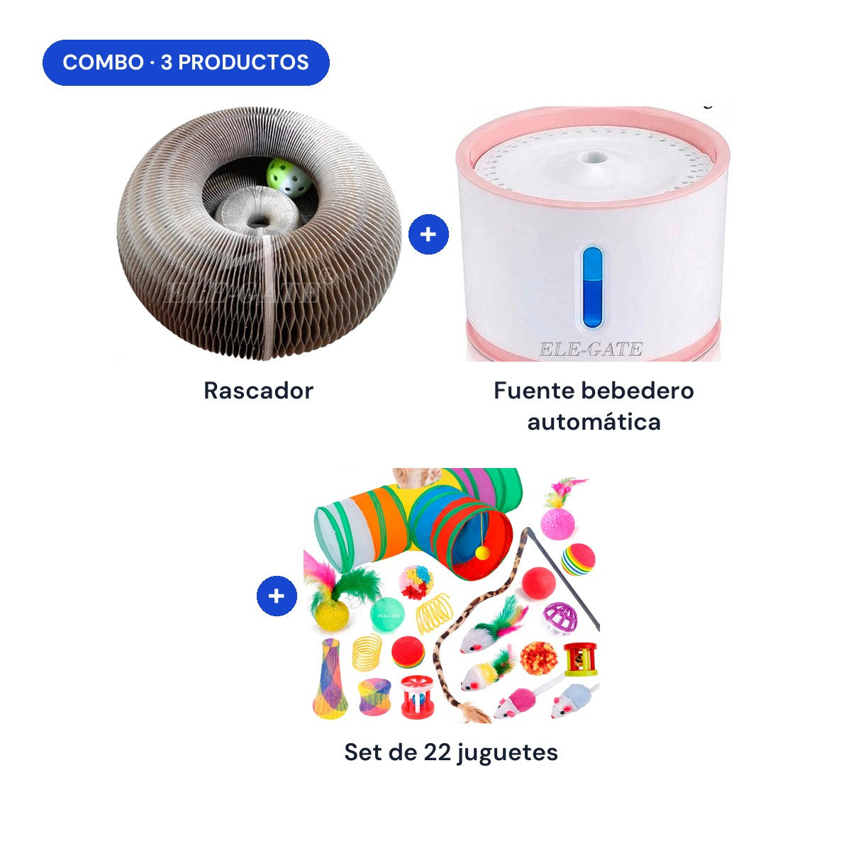 Combo: rascador + fuente bebedero automática + set de 22 juguetes