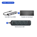 Combo home office sin enredos: incluye hub USB-C con HDMI, teclado con touchpad y multicontacto USB