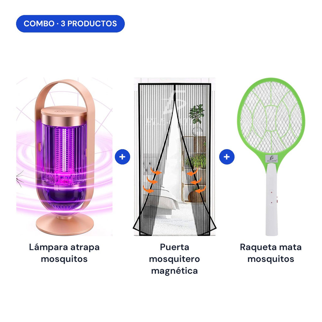 Combo noches sin mosquitos: incluye lámpara atrapa mosquitos, puerta mosquitero magnética y raqueta mata mosquitos