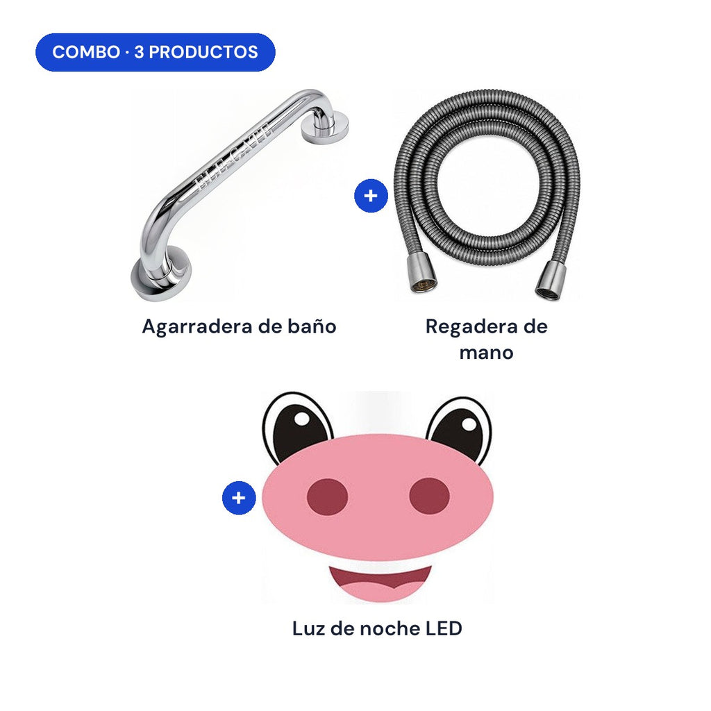 Combo: agarradera de baño + regadera de mano + luz de noche LED