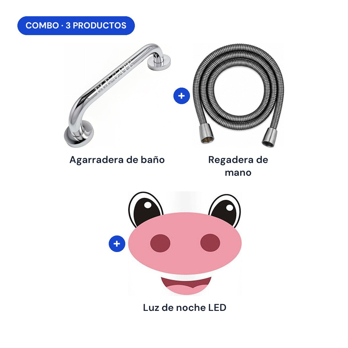 Combo: agarradera de baño + regadera de mano + luz de noche LED
