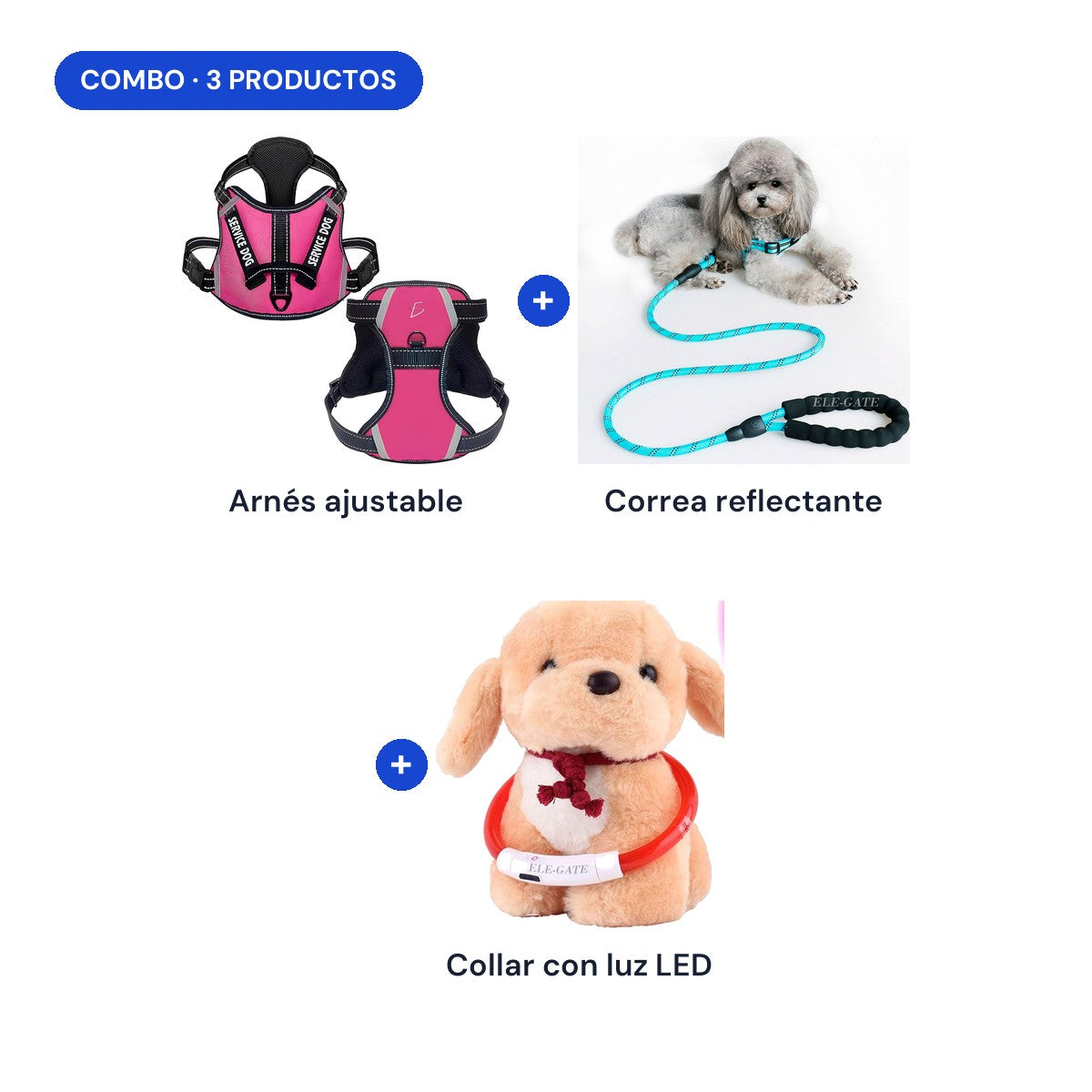Combo: arnés ajustable + correa reflectante + collar con luz LED