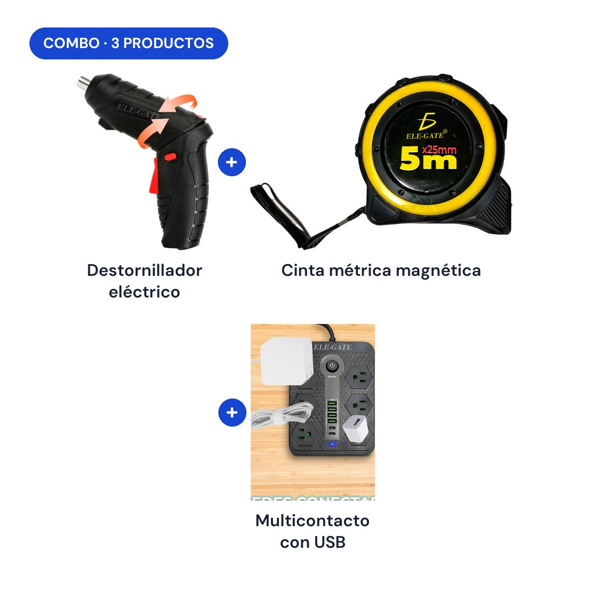 Combo: destornillador eléctrico + cinta métrica magnética + multicontacto con USB